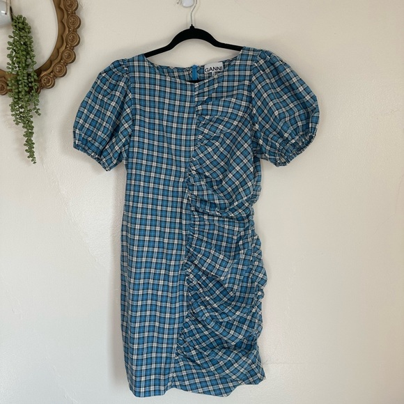 Ganni Check Ruched Seersucker Minidress in Check Azure Blue, - Picture 7 of 11